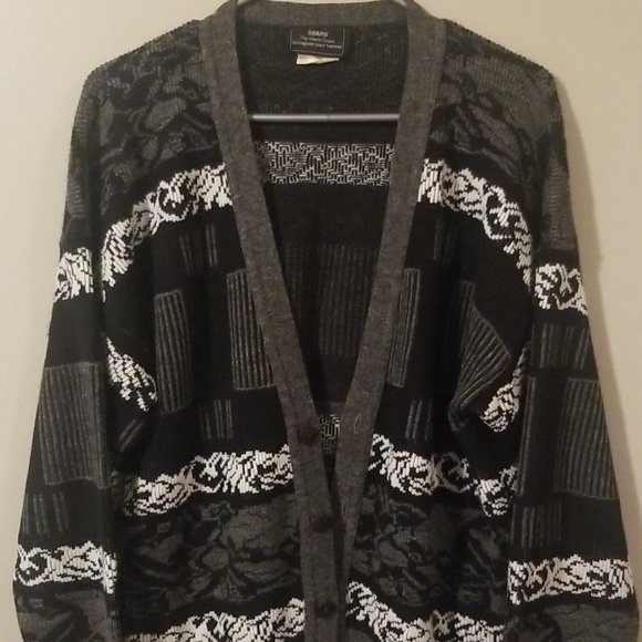 Mens Size 40 Medium Black White Cardigan Sweater Sears Grandpa Knit Cobain - Picture 1 of 3